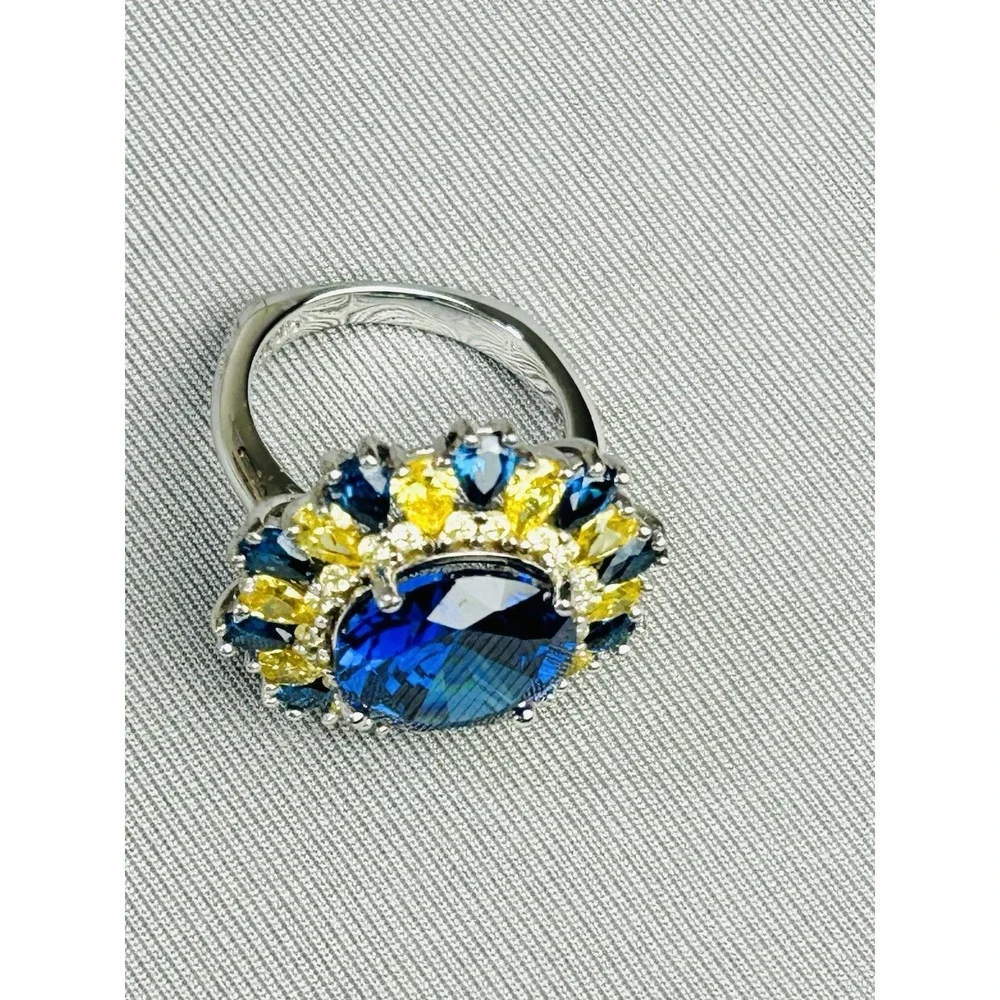 Sterling Silver Size 6.25 BBJ Blue & Yellow Faux Stone Ring Costume Jewelry .925